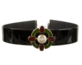 Vintage CHANEL CC Logo GRIPOIX Stones Black Patent Leather Waist Belt Buckle - Super Rare Collectors Item!