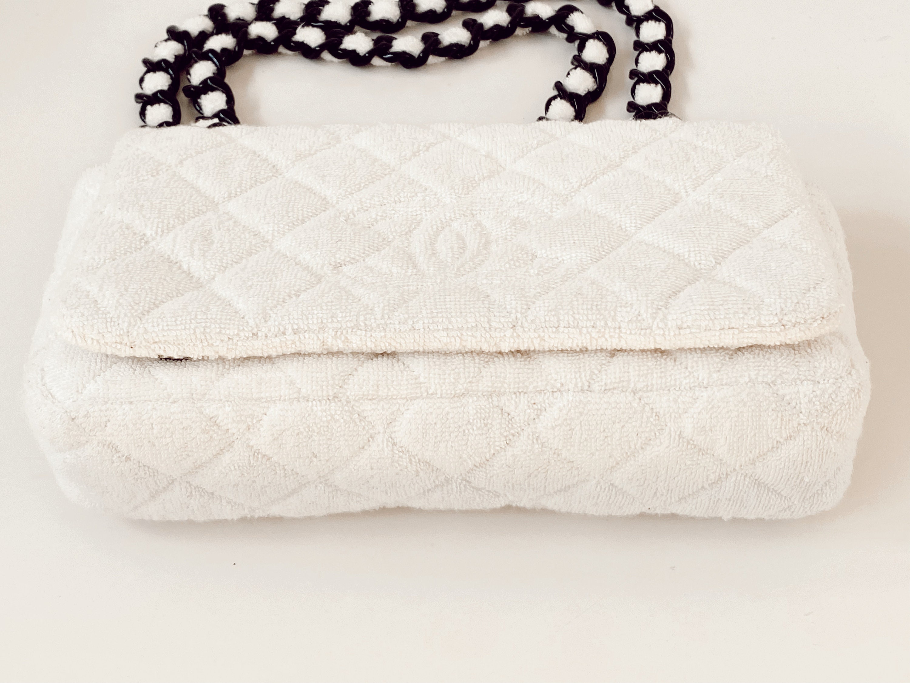 Used White Chanel Authentic Vintage Ivory CC Terry Cloth Beach Bag