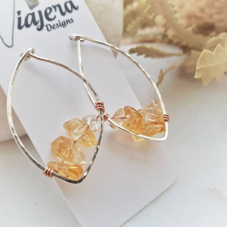 Statement Citrine Hammered Sterling Silver Leaf Stud Earrings Citrine Silver Teardrop Earrings Birthday Gift For Her Gemstone Earrings