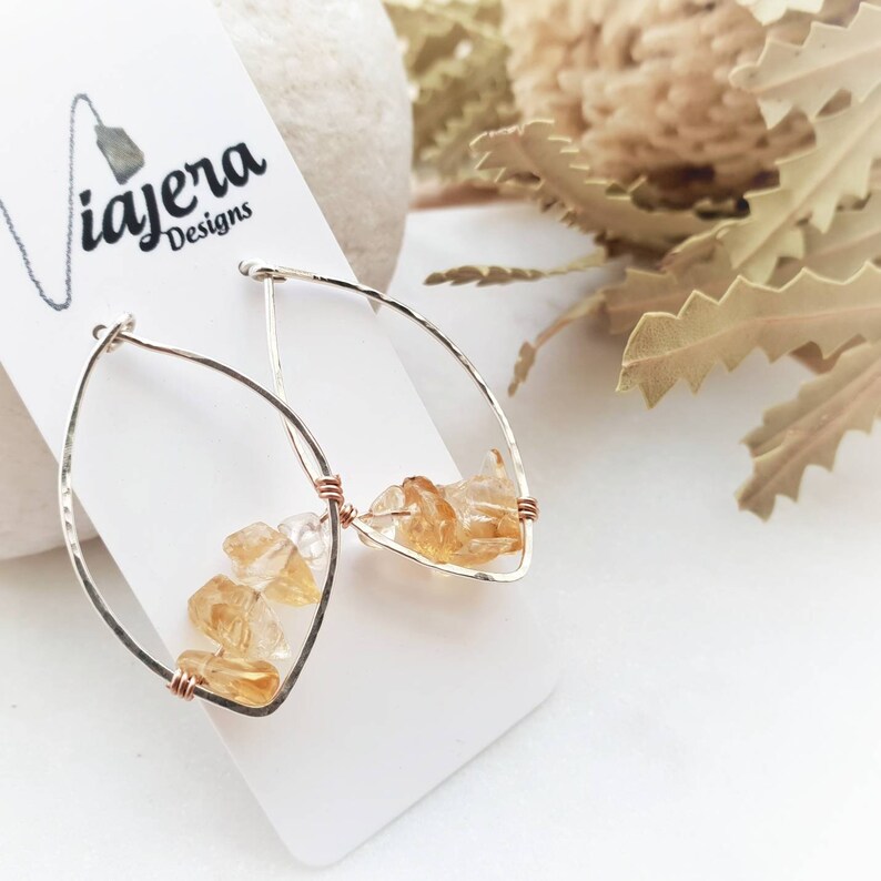 Statement Citrine Hammered Sterling Silver Leaf Stud Earrings Citrine Silver Teardrop Earrings Birthday Gift For Her Gemstone Earrings