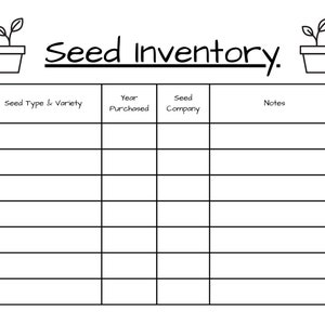 May include: A black and white printable seed inventory chart with headings for seed type and variety, year purchased, seed company, and notes.