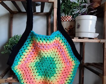 Hexagon Granny Square Crochet Tote Bag | Vintage Style | Neon Bag