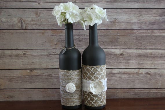 Wine Bottle Decor Burlap Lace Chalk Paint Centerpieces Etsy