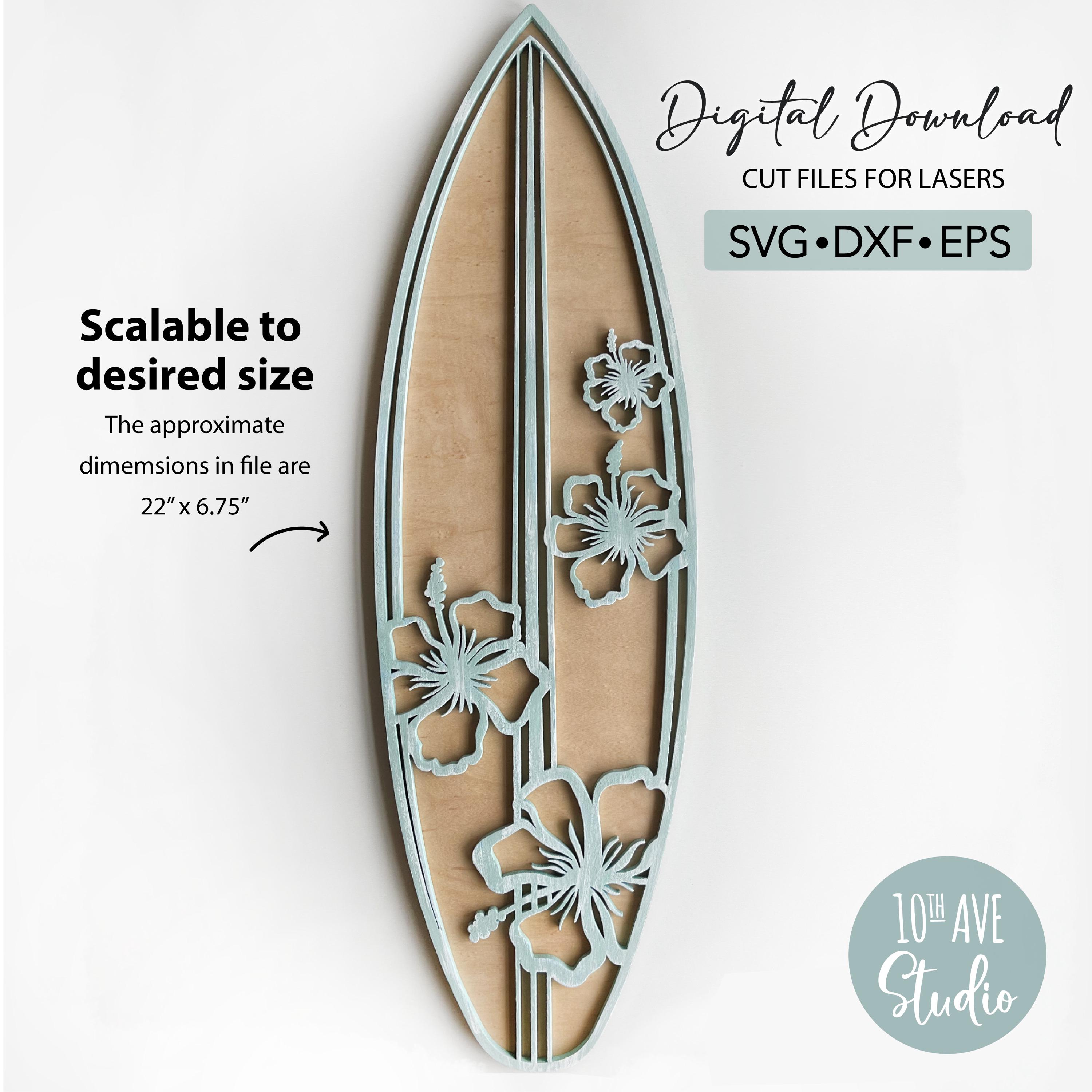 Surfboard Wall Decor With Tropical Hibiscus Design SVG DXF EPS Cut