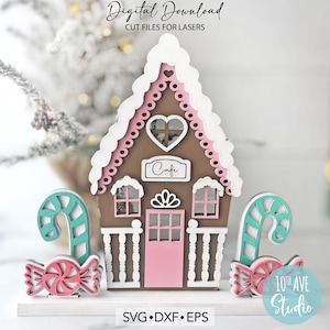 Gingerbread Christmas Village Cafe SVG DXF EPS-bestanden knippen voor Glowforge Laser Christmas Mantle Decor Table Decor Unlimited Commercial License