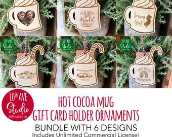 Heißer Kakao Becher Geschenk Kartenhalter Ornament Bundle SVG DXF EPS 6 Designs Glowforge Laser Weihnachtsverzierung Lehrer Schwester Geschenk Weihnachten
