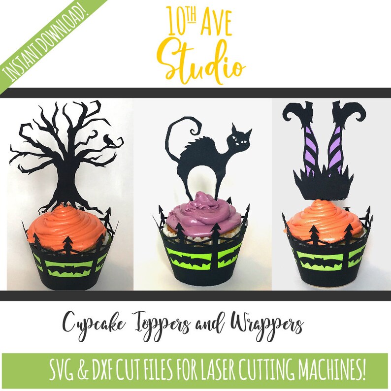 Pu&ograve; includere: Tre topper per cupcake e involucri di Halloween. I topper sono un gatto nero, un albero spettrale e le gambe di una strega. Gli involucri sono neri con accenti verdi e bianchi.