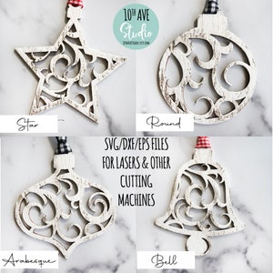 Enfeites de Natal Filagree Flourish Conjunto de 4 designs SVG/DXF/PNG - Arquivos de corte arabesco redondos Star Bell para lasers GlowForge Cricut