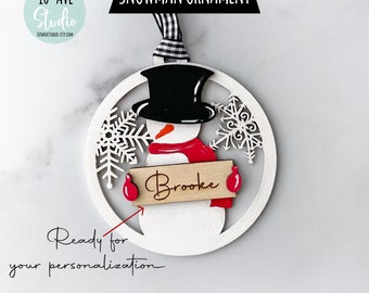 Snowman Ornament With Customizable Sign Christmas Layered Holiday Ornament SVG and DXF Files for Lasers Glowforge and Cricut Silhouette