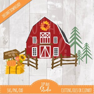 May include: Red barn with a wreath on the door, a wooden sign that says "Happy Fall Ya'll!" with a pumpkin and hay bales in front of it. Two green pine trees are on the right side of the barn.