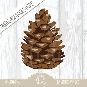 May include: A brown pine cone illustration with a multi-color layer cut file design. The image includes the text "MULTI COLOR/LAYER CUT FILE!" and "10TH AVE Studio INSTANT DOWNLOAD" on a white wooden background.