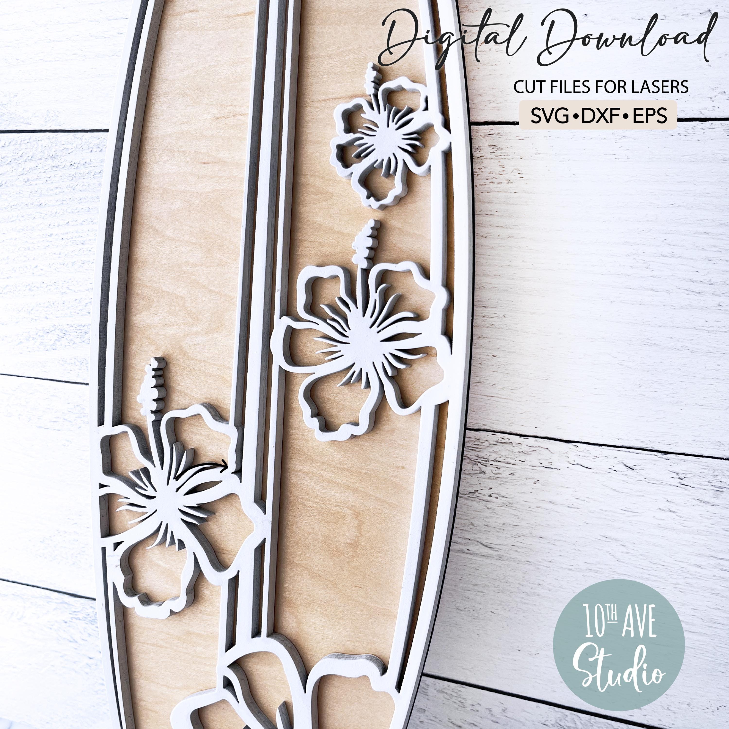 Surfboard Wall Decor With Tropical Hibiscus Design SVG DXF EPS Cut