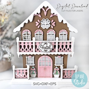 Gingerbread Christmas Village Hotel SVG DXF EPS Cut Files For Glowforge Laser Christmas Decor Table Decor Unlimited Commercial License