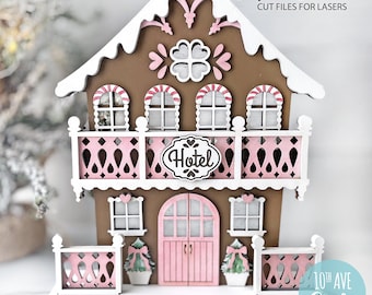 Lebkuchen-Weihnachtsdorf Hotel SVG DXF EPS Dateien für Glowforge Laser Weihnachtsdekor Tischdekoration unbegrenzte kommerzielle Lizenz