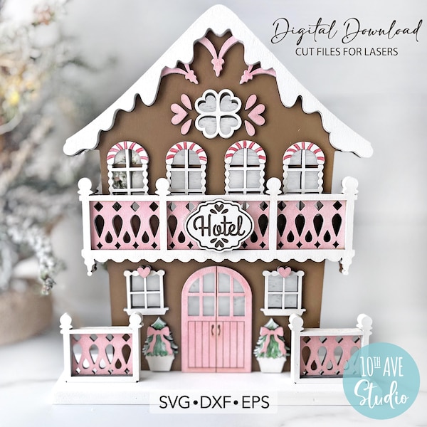 Gingerbread Christmas Village Hotel SVG DXF EPS-bestanden knippen voor Glowforge Laser Christmas Decor tafeldecoratie onbeperkt commerciële licentie