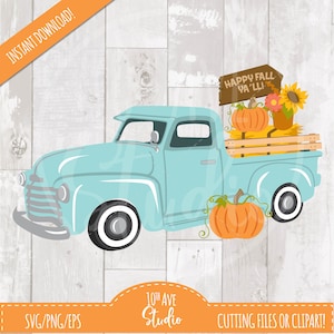 May include: A light blue vintage pickup truck with a wooden bed filled with hay, pumpkins, and sunflowers. A wooden sign with the text "Happy Fall Ya'll!" is attached to the back of the truck.