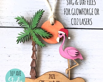 Personalized Christmas Flamingo on Beach Layered Holiday Ornament SVG and DXF Files for Glowforge and CO2 Lasers