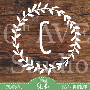 Farmhouse Wreath Initial C Monogram SVG PNG EPS cut files clipart for Laser Cutting Cricut Silhouette Glowforge