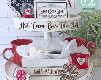 Hot Cocoa Bar Dekor mit Crate SVG DXF EPS geschnitten Dateien Tiered Tray Weihnachtsdekor Ornamente für Glowforge und Lasers
