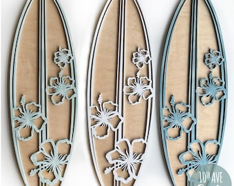 Surfbrett Wand Dekor mit tropischen Hibiskus Design SVG DXF EPS Dateien für Laser geschnitten