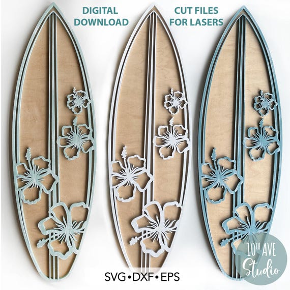 Surfboard Wall Decor With Tropical Hibiscus Design SVG DXF