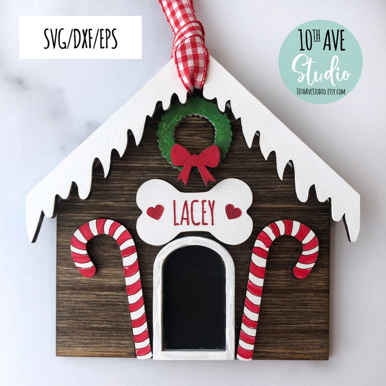 Dog House Ornament With Candy Canes Snow Wreath and Dog Bone Etsy