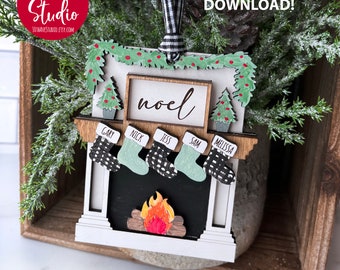 Christmas Fireplace With Stockings Ornament SVG DXF EPS personalize for 1-9 people Glowforge Laser boss gift teacher gift Commercial License
