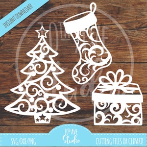 Christmas Tree Gift & Stocking Swirly Filagree Flourish SVG/DXF/PNG - Cut Files for Cricut, Silhouette GlowForge!