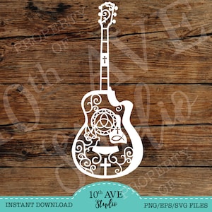 Christian Acoustic Guitar SVG/EPS/DXF/png Clipart Vector Files cut files (guitar, cross, trinity, dove fish, Ichthys)
