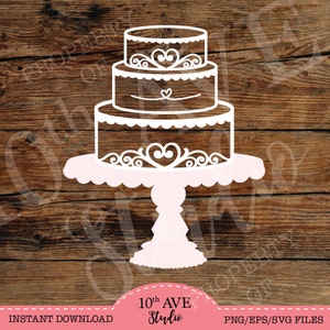 May include: White silhouette of a three-tiered wedding cake with intricate scrollwork and heart designs. The cake is on a white pedestal cake stand with a pink base.