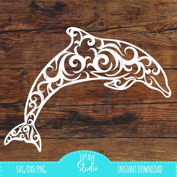 Dauphin SVG/DXF/PNG défilement fantaisie s’épanouit décalcomanie coupe fichiers pour Cricut fichiers Silhouette Glowforge Laser découpe fichiers clip art Sea Life