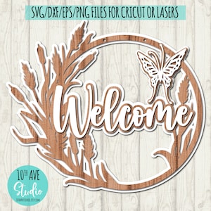 Papillons et herbiers de bienvenue cintre de porte SVG/DXF/PNG et eps coupés fichiers pour lasers Cricut & Silhouette Machines