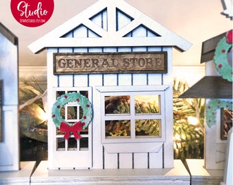 Weihnachtsdorf General Store SVG DXF EPS geschnitten Dateien für Glowforge Laser Weihnachten Mantel Dekor Tischdekoration unbegrenzt kommerzielle Lizenz