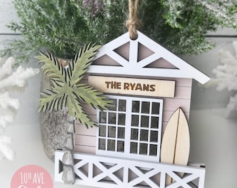Strandhaus Cabana Weihnachtsverzierung mit Surfbrett und Palme SVG / DXF / EPS für Laser Glowforge
