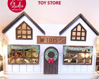 Weihnachtsdorf Spielwarengeschäft SVG DXF EPS geschnitten Dateien für Glowforge Laser Weihnachten Mantel Dekor Tischdekoration Unbegrenzte kommerzielle Lizenz