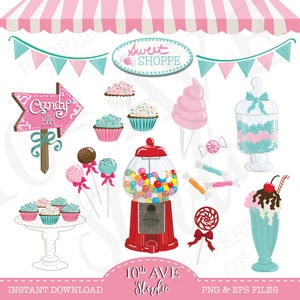 May include: A set of digital clipart images featuring a variety of sweet treats, including cupcakes, candy, a gumball machine, a milkshake, and a sign that says "Candy Bar". The images are in a cartoon style and are perfect for use in scrapbooking, card making, or other craft projects.