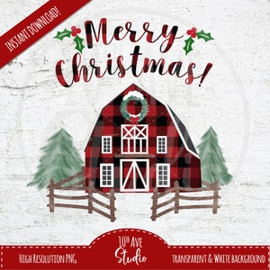 Buffalo Lumberjack Plaid Merry Christmas Barn With Watercolor Trees And Wreath PNG Clipart For Prints Sublimation Iron-On Digital Download