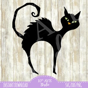 May include: Black silhouette of a cat with a curled tail. The cat is facing right and has a mischievous expression. The background is a light wood grain.