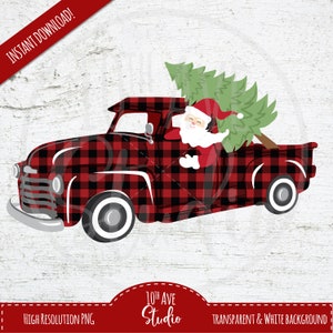Buffalo Lumberjack Plaid Vintage Santa Pick-Up Truck With Tree PNG Clipart For Prints Sublimation Iron-On Digital Download