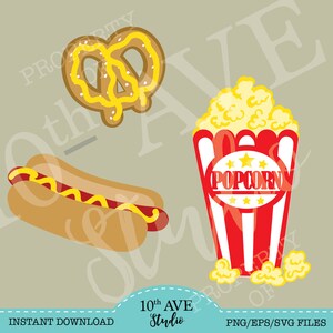 Carnival~Movies~Fair Food SVG/PNG/EPS Clipart and cut files (hot dog, pretzel, popcorn) Glowforge Lasers Cutting
