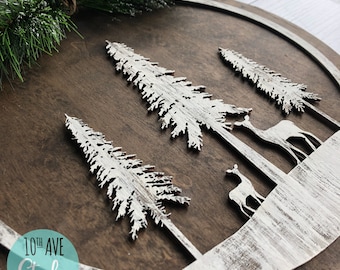 Three Alpine Evergreen Trees With Deer Round Includes Backer SVG and DXF for Glowforge and CO2 Lasers Holidays Winter Christmas Decor