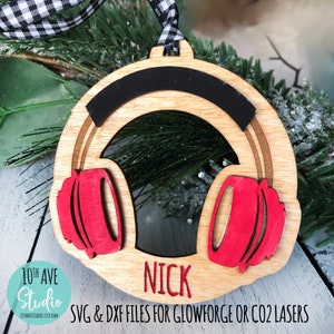 Kopfhörer Ornament SVG und DXF für Glowforge Dateien und CO2 Laser Anpassen Personalisieren DJ Musiker Produzent Ornament