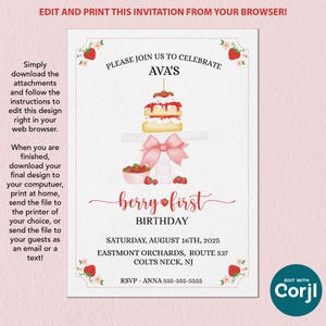 Könnte beinhalten: Eine druckbare Einladung mit Erdbeermotiv. Die Einladung zeigt eine Aquarellillustration eines Kuchens, Erdbeeren und einer großen rosa Schleife. Der Text lautet "berry first birthday" und enthält Veranstaltungsdetails.