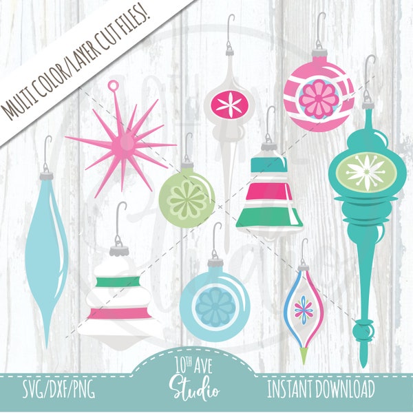 Ten Vintage Retro Christmas Ornaments Multi Layer/Color Vector Cut Files SVG/DXF/PNG and Clipart for Cards, Heat Transfers, Vinyl & More!