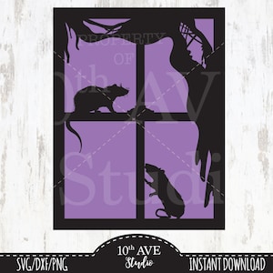 Pode incluir: Silhueta preta de uma janela com dois ratos dentro e um terceiro na soleira. O fundo é roxo claro. O texto "10th AVE Studio" e "Instant Download" está na parte inferior.