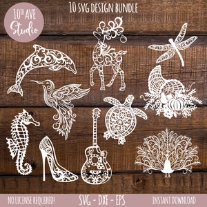 Mandala SVG Bundle 10 disegni Libellula Delfino Cavalluccio marino Tartaruga e altro SVG DXF PNG Cricut Laser Glowforge Clipart Taglia file Download immediato