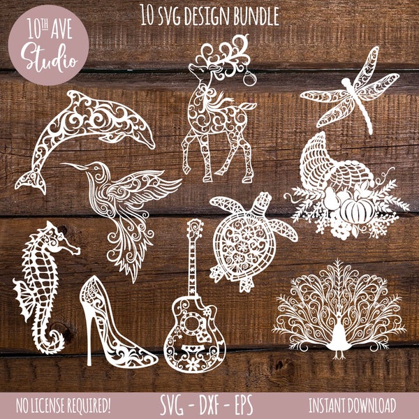 Mandala SVG Bundle 10 Designs Libellule Dauphin Hippocampe Tortue &Plus svg DXF PNG Cricut Laser Glowforge Clipart Cut Files Téléchargement instantané