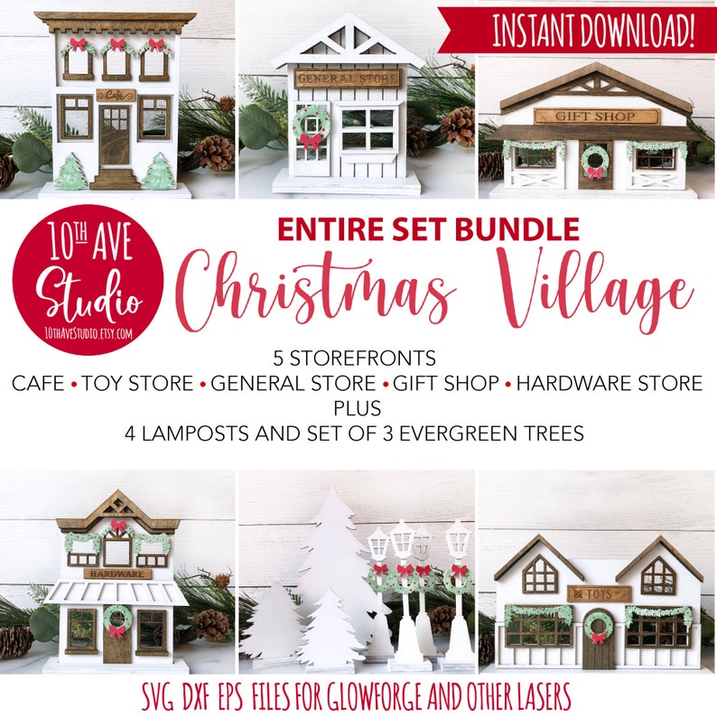 May include: A digital download of SVG, DXF, and EPS files for a Christmas village set. The set includes five store fronts, four lampposts, and three evergreen trees. The store fronts include a cafe, toy store, general store, gift shop, and hardware store. The image shows the store fronts in white with brown accents and wreaths.