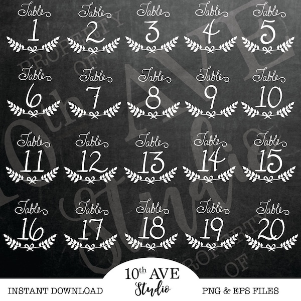 Hand Drawn Rustic/Country Instant Download Printable Table Numbers 1-40 for dark or chalkboard backgrounds (wedding, bridal shower, party)