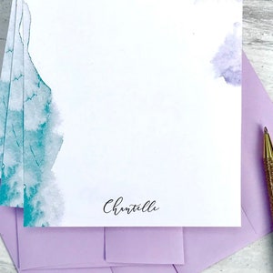 Personalized Stationery Set Watercolor Tie Die, Custom Letter Writing Set, Teal and Purple watercolor Design 21